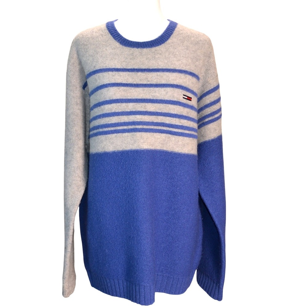 Tommy Jeans Striped Crewneck Sweater casual winter Blue Gray Wool Vintage XL